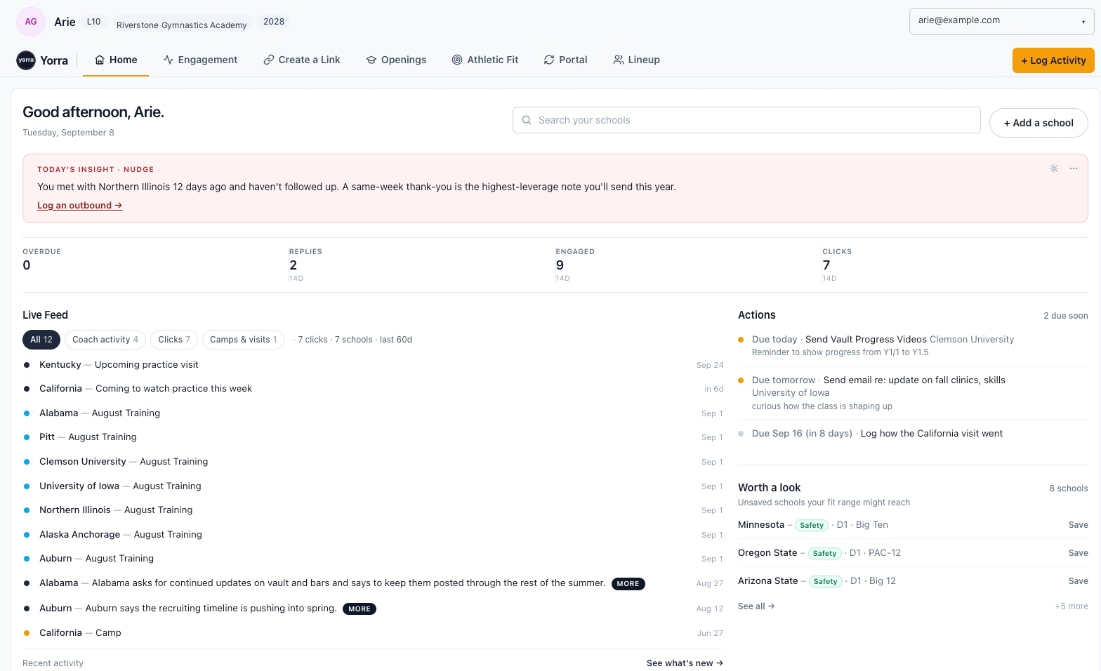 Yorra Home dashboard for the Arie account, showing today's insight, live feed of coach activity, and next actions.